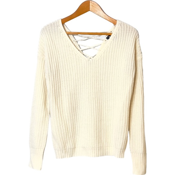 Anthropologie Moon & Madison Ivory Lace Up Back V-Neck Pullover Knit Sweater M - Picture 8 of 11